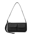 Detail of multi-pocket black nylon crossbody bag featuring branded zippers and durable strap - Ink Black