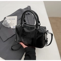 Glossy black leather Boston bag with Cheerful Time embossing and silver hardware - Black without Pendant
