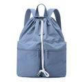 Detail of drawstring closure and dual zip pockets on grey-blue nylon backpack - Iris Blue