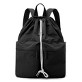 Detail of black nylon drawstring backpack featuring large front pockets and white cord - Ink Black