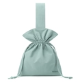 Detail of mint green nylon drawstring pouch with ruffled edge and woven brand label - Soft Mist Green