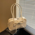Creamy white chic bow shoulder bag with long dual handles and matte PU finish - Off-white