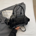Fashionable black glossy leather boston bag with embossed letters and woven side details - No Pendant / Black