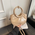 Elegant beige PU leather semi-circle handbag with large circular handle and crossbody strap - Khaki