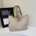 Sac fourre-tout beige avec poignées à rayures colorées et texte motivant pour le quotidien - Blanc Cassé & Violet