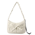 Detail of cream nylon tote bag with bow decoration and pleated ruched shoulder strap - Bone White