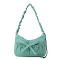 Detail of mint green nylon bag with bow decoration and ruched scrunchie shoulder strap - Azure Green