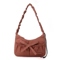 Detail of burgundy nylon shoulder bag with pleated handle and bow knot decoration - Berry Red