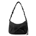 Close-up of black nylon tote bag with decorative bow and gathered cloud shoulder strap - Ink Black