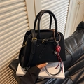 Classic black matte trapezoid handbag with red heart charm and long shoulder strap - With Charm / Black