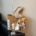 Khaki canvas draagtas met schattige kattenprint en een pluche puppy sleutelhanger - Bruin