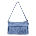 Close-up of pleated foggy blue shoulder bag featuring metallic rivet details and zipper - Iris Blue