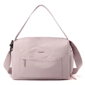 Dettaglio della borsa da viaggio in nylon rosa chiaro con cerniere e tracolla regolabile - Rosa Pesca