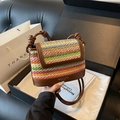 Bolso bandolera de paja con rayas de colores y ribete de cuero para playa de verano - Colorido