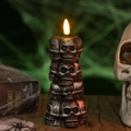 Detail of stacked skulls LED candle lamp with vintage silver finish for Halloween decor - Antique Silver