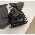 Vintage black PU leather shoulder bag with white contrast stitching and buckle detail - Black without Pendant
