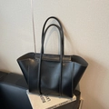 Minimalist black tote bag with white contrast stitching and Fashion embossed logo - Black