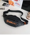 Detail of black PU fanny pack with orange graffiti text and adjustable nylon strap buckle - Black
