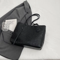 Black leather large tote bag with detailed floral embossing and slim shoulder straps - No Pendant / Black