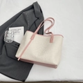 Minimalist beige tote bag with pink trim featuring embossed floral texture and long straps - No Pendant / Pink