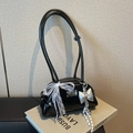 Elegant black patent leather shoulder bag with white lace bow and silver pendant - Black (With Pendant)