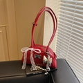 Chic red faux leather underarm bag with white lace bow charm and silver logo plate - Wine Red (With Pendant)