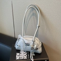 Light gray minimalist bowling bag with lace bow decoration and silver bell pendant - Blue (With Pendant)