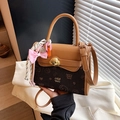 Brown and tan contrast crossbody bag with puppy prints and golden dog-shaped clasp - Coffee with Pendant