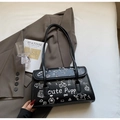 Bolso de hombro negro de PU con bordado de cachorro blanco y asas dobles delgadas - Negro