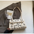 Bolso de hombro beige minimalista con grafitis de dibujos animados y correas de hombro dobles - Blanco Roto