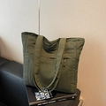 Army green quilted tote bag made of puffer nylon fabric for a modern casual style - Green