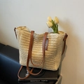 Sac fourre-tout en paille beige avec poignées en cuir marron et bandoulière amovible - Blanc Cassé