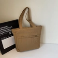 Khaki minimalist nylon tote bag with large front pocket and webbing handles for daily use - Khaki
