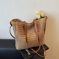 Sac fourre-tout en paille minimaliste avec anses en cuir marron et bandoulière - Khaki