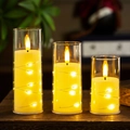 Three-piece LED glass candle set with warm flickering flames and fairy string lights - 3-Piece Set / Clear Cover With Wire Light