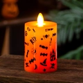 Detail showing orange LED candle with black Halloween bat and pumpkin prints - M