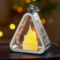 Vintage silver triangular lantern with LED candle light and intricate cut-out patterns - Silver