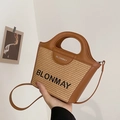 Bolso bucket de paja y cuero marrón con asa superior y marca BLONMAY bordada - Marrón