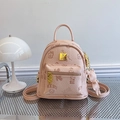 Pink lychee leather backpack with bear print and cute bear pendant charm - With Pendant / Pink