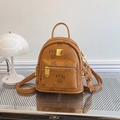Brown mini PU leather backpack with teddy bear prints, rivets, and bear charm accessory - With Pendant / Brown