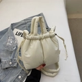 Chic cream white quilted puffer bucket bag with drawstring closure and top handle - Rice White (No Pendant)