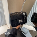 Black wavy quilted faux leather shoulder bag with silver hardware and chain strap - Black Large