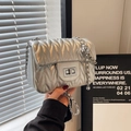 Silver quilted crossbody bag with metallic chain strap and turn-lock closure - Silver Large
