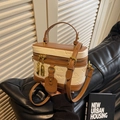 Chic cream and brown embossed vanity case bag with golden hardware and long strap - Brown