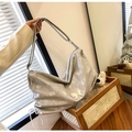 Silver oversized hobo bag with butterfly patch and drawstring in metallic PU leather - Silver