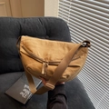 Khaki nylon crescent dumpling bag with double zippers and adjustable wide strap - Khaki