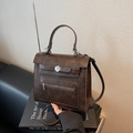 Classic dark coffee faux leather shoulder bag with vintage silver buckle and strap detail - Coffee