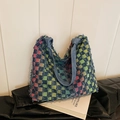 Bolso tote de lona a cuadros de colores con bordes deshilachados y asa de denim - Colorido