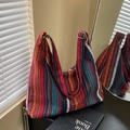 Bolso tote de tejido étnico con rayas arcoíris y correa ajustable para el hombro hobo - Rojo Naranja