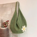 Green hollow-out woven tote bag with white daisy flower detail for summer beach style - Green